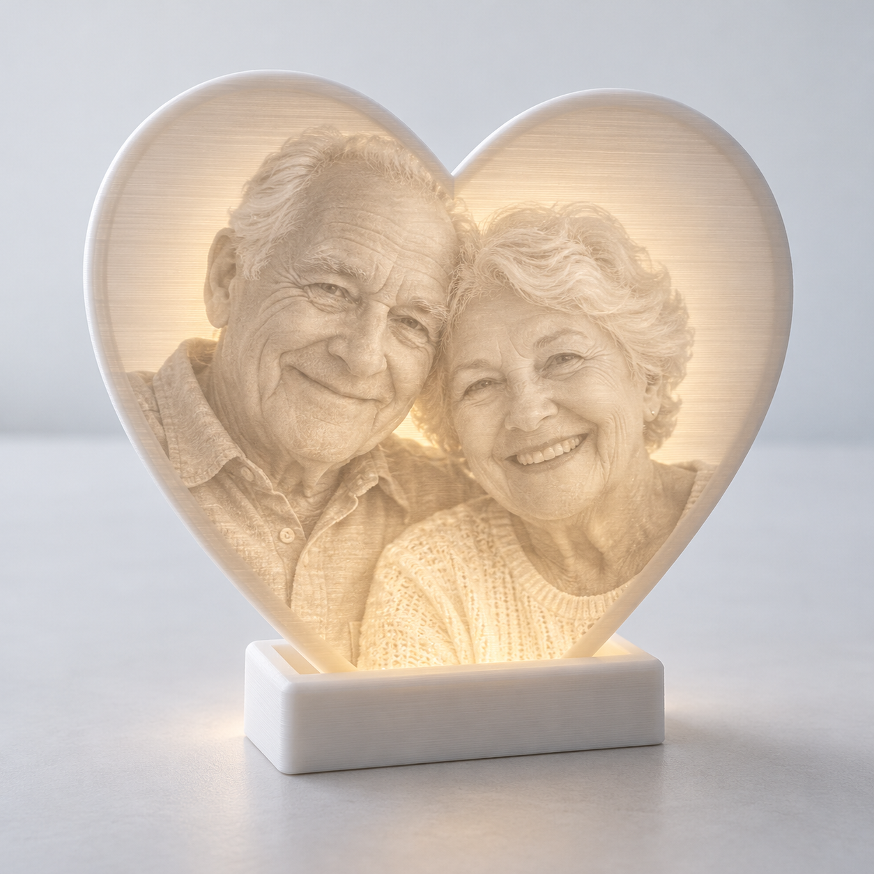 AI-generated concept of a heart-shaped photo lithophane on a white stand